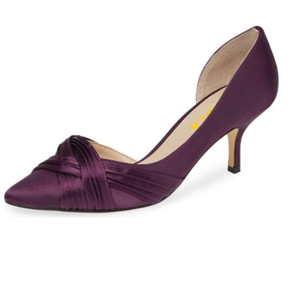 FSJ Purple Satin Kitten Heels Pointed Toe D'Orsay Pleated Pumps